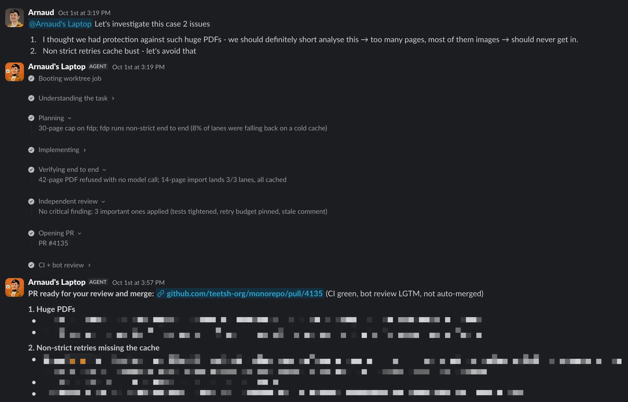 A Slack thread: the mention, the job steps streaming in, then the PR